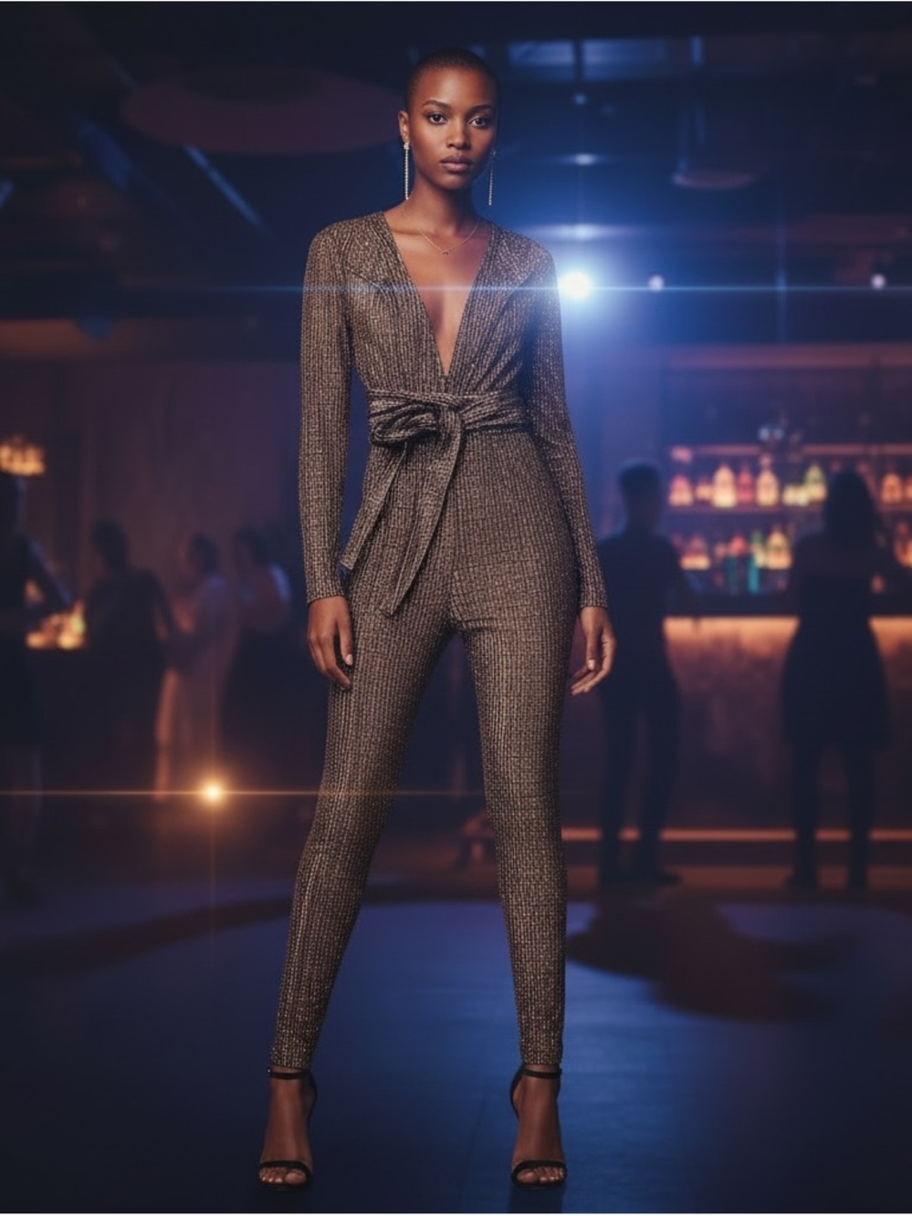 Metallic Copper Deep-V Knit Bodycon Cocktail Jumpsuit with Tie Waist Night Out